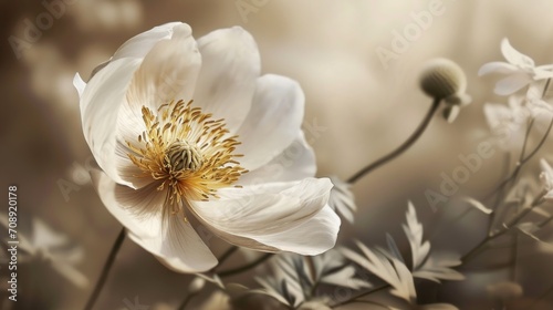  a close up of a white flower with lots of leaves on the bottom and a yellow center on the middle of the flower  with a blurry background of white flowers.