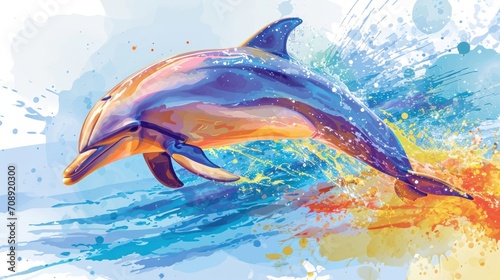 a painting of a dolphin jumping out of the water with splashes of paint on it's body and a splash of color on the water behind it's surface.