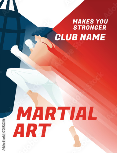 Martial arts woman. Professional sports and recreation. Sports poster. Motion silhouette. Gradient. Vector illustration