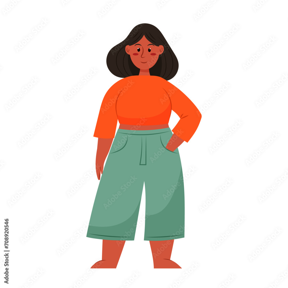 A cute plump girl is standing. Woman in pants and jacket in flat style on a white background. Porter in full height. Body positivity. A cute plump girl is standing. Woman in pants and jacket in flat style on a white background. Porter in full height. Body positivity.