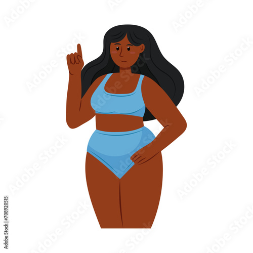 Dark-skinned girl in a blue bikini on a white background. Beautiful curvy girl in flat style.