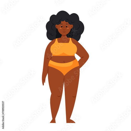 Dark-skinned girl in a yellow bikini on a white background. Beautiful curvy girl in flat style.