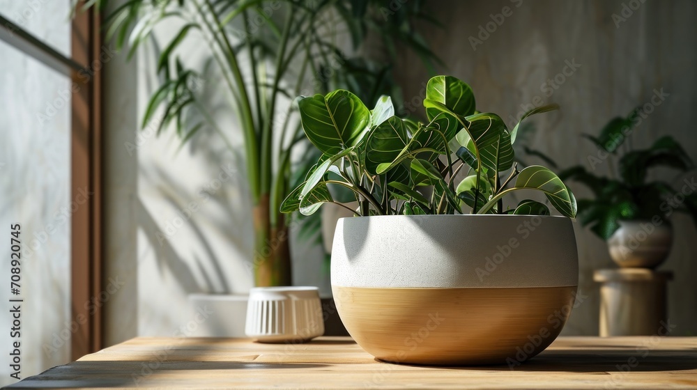  a potted plant sitting on top of a wooden table next to another potted plant on top of a wooden table and another potted plant in the background.