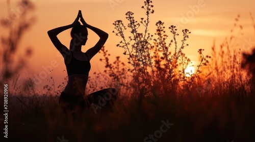 a silhouette of a woman doing yoga in a field with the sun setting behind her and a plant in the foreground, with the sun setting in the background.