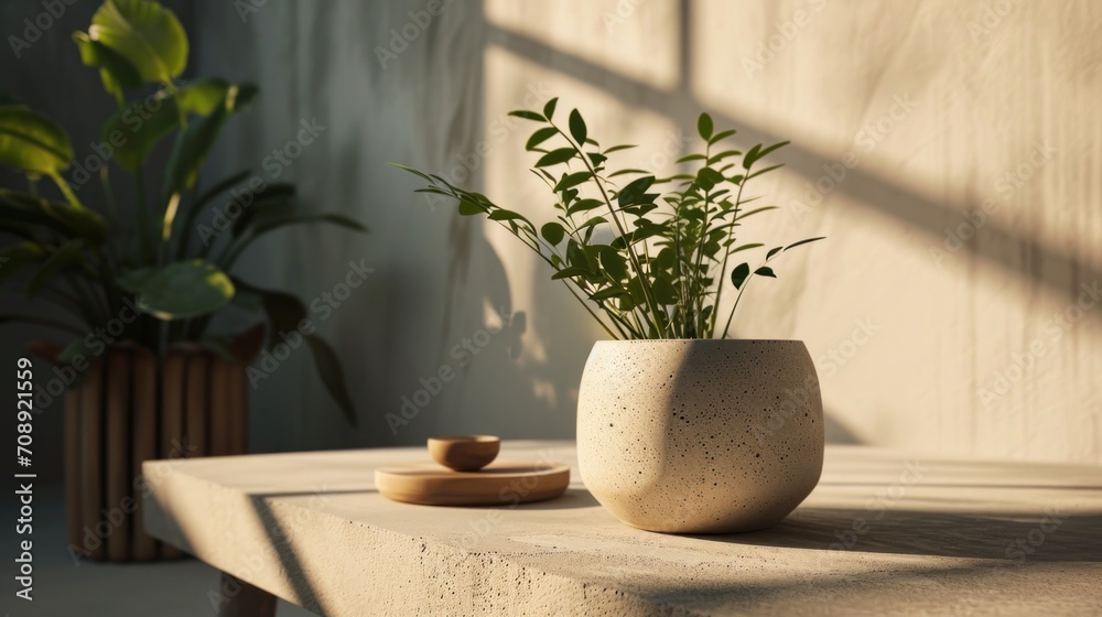 a white vase sitting on top of a wooden table next to a potted plant on top of a wooden table next to a wooden bowl with a plant in it. a white vase sitting on top of a wooden table next to a potted plant on top of a wooden table next to a wooden bowl with a plant in it.