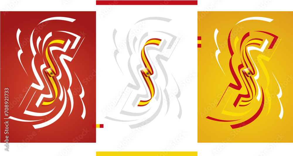 Obraz premium Spanish flag ribbon vector illustration set on red white yellow isolated background. Simple usage flag of Spain for poster, brochure, flyer, cover, banner, holidays, carnevals, festive, anniversaries