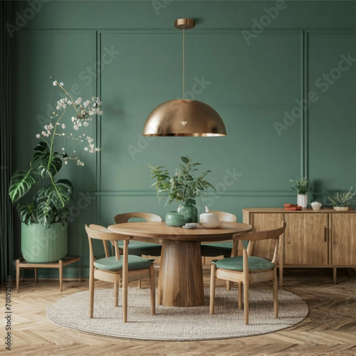 Visualize a series of seats encircling a circular wooden dining table forming an inviting ensemble photo