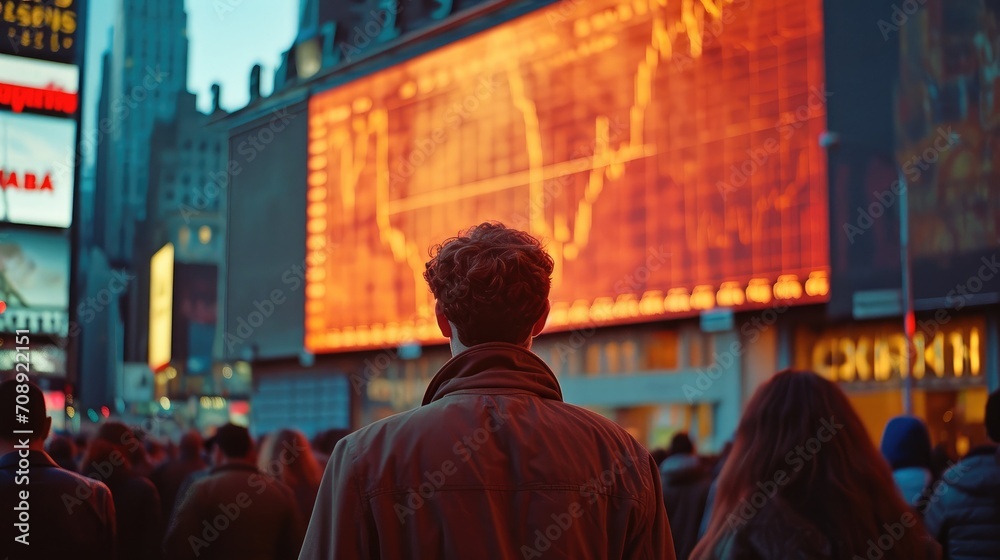A crowd looking at a billboard showing a stock graph. Generative AI.