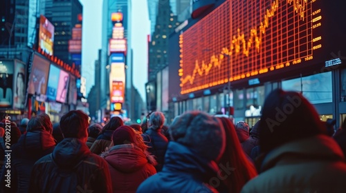 A crowd looking at a billboard showing a stock graph. Generative AI.