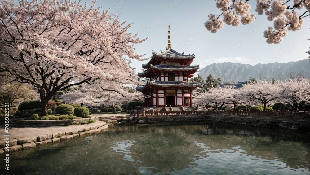 Photo of an Asian temple with a garden decorated with cherry trees and a beautiful pond made by AI generative Photo of an Asian temple with a garden decorated with cherry trees and a beautiful pond made by AI generative