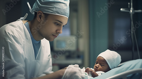 A male nurse is holding a baby in the hospital. photo
