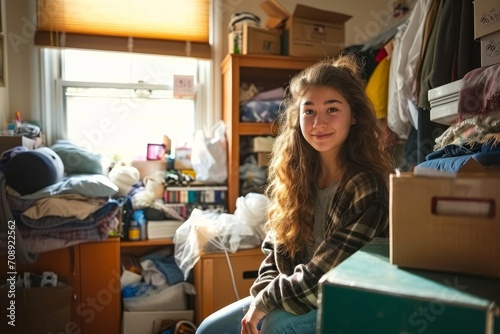 Female college freshman candidly unpacking, moving into her university dorm room, marking a significant coming of age moment, Generative AI photo