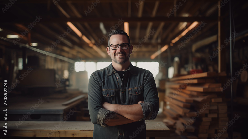 Caucasian carpenter looking at camera with confidence in factory.