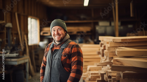 Caucasian carpenter looking at camera with confidence in factory.