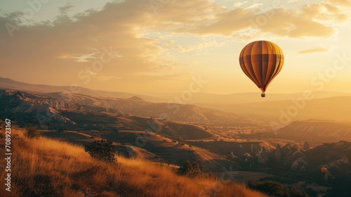  a hot air balloon flying in the sky over a mountain range with a valley in the foreground and a valley in the background with trees and hills in the foreground. © Olga