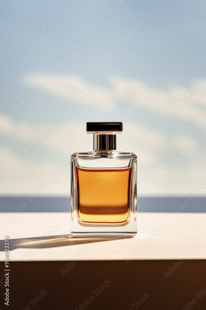 One close-up view of perfume bottle on minimal style outdoor background. One close-up view of perfume bottle on minimal style outdoor background.
