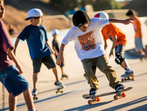Skateboarder riding on skateboard in skate park. Children having fun on skatepark.