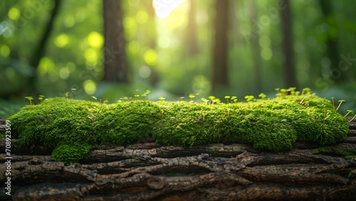 A log with moss growing on it lay on the ground in the forest photo