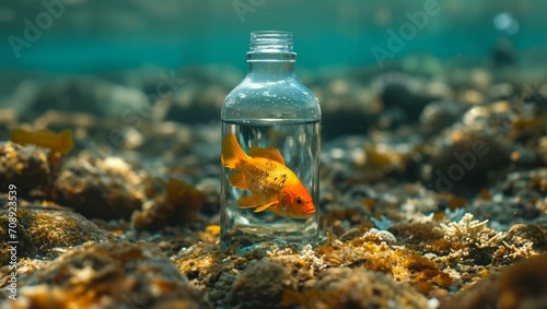 Fish is in a clear bottle on the seabed