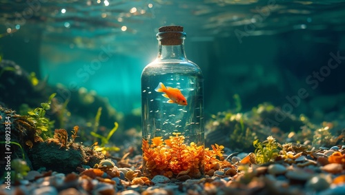 Fish is in a clear bottle on the seabed photo