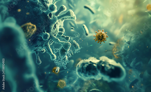 Abstract background with a macro shot of various microbes including virus cells and bacteria,