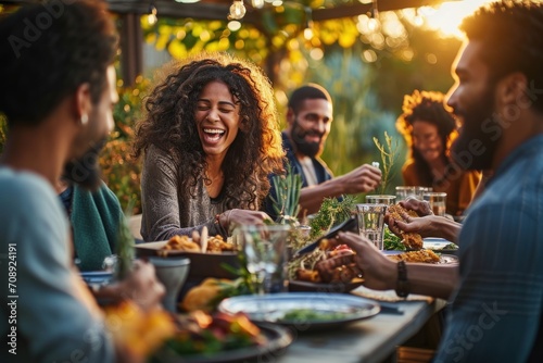 Outdoor gathering of friends and family around a table, laughing in sunlit warmth. A curly-haired woman & bearded man share a joyful moment while enjoying their meals, Generative AI