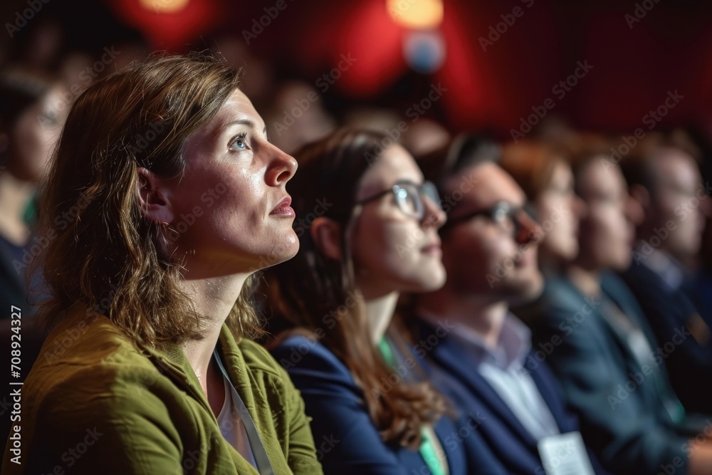 Candid shot of engaged conference attendees attentively listening to captivating speaker, Generative AI