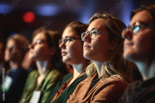 Candid shot of engaged conference attendees attentively listening to captivating speaker, Generative AI