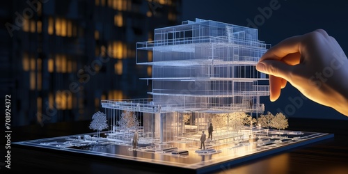 Fototapeta Naklejka Na Ścianę i Meble -  BIM Building Information Modeling concept. Touching on 3D digital model based process that provides architects, engineers, constructors, and owners with a comprehensive view of the building 