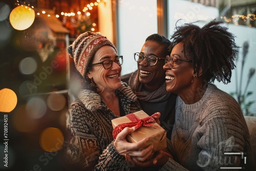 Diverse friends sharing laughter and warmth while exchanging a thoughtful gift in a cozy home setting, highlighting multicultural friendship and special moments, Generative AI
