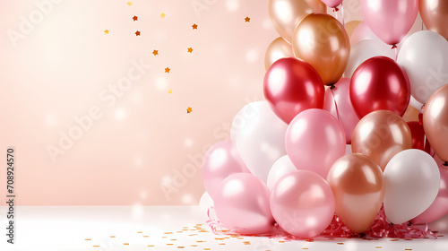 Holiday celebration background with balloons, golden sparkling confetti and ribbons