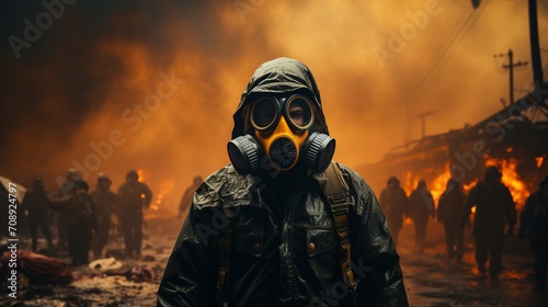 In a toxic smoke-filled environment, a gas mask-wearing man proudly holds a flag with a biohazard symbol.