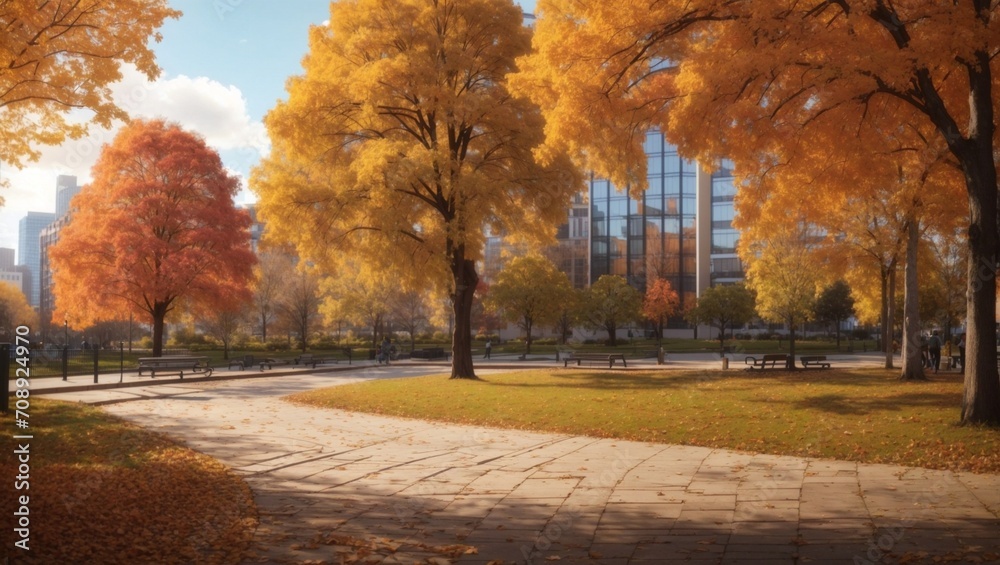 Naklejka premium photo of city park landscape in autumn against the background of city buildings made by AI generative