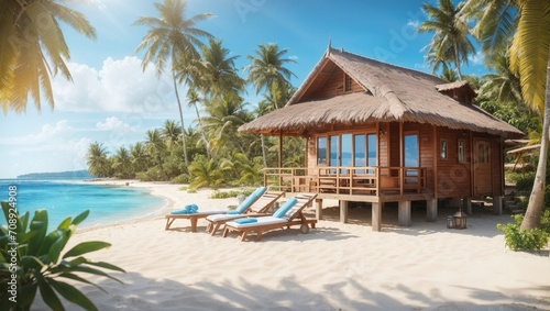 photo of a view of a cottage on the beach with white sand and a beautiful blue sea made by AI generative