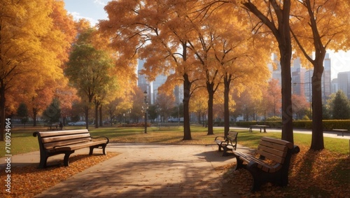 photo of city park landscape in autumn against the background of city buildings made by AI generative