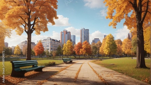 photo of city park landscape in autumn against the background of city buildings made by AI generative