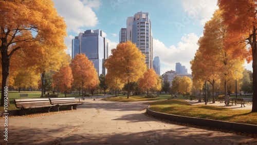 photo of city park landscape in autumn against the background of city buildings made by AI generative