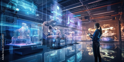 Futuristic Technology in smart automation industrial high efficiency using ai artificial intelligence, machine learning, digital twin, 5g, big data, iot, augmented mixed virtual rality, ar, vr,robot
