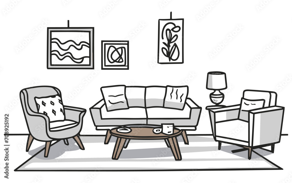 Hand drawn line art modern furniture, home interior decorations in Mid Century modern retro 70s style, illustration Hand drawn line art modern furniture, home interior decorations in Mid Century modern retro 70s style, illustration