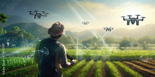 Futuristic technology trend in smart farm agriculture concept. Farmer use ai drone to monitor prediction forecast check the health of plant field