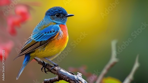  a colorful bird sitting on top of a tree branch next to a branch with red and yellow flowers in the background and a blurry yellow sky in the background. © Olga
