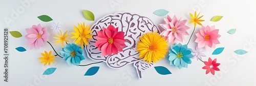 paper cut card Human brain with spring colorful flowers.  World Mental Health day Concept of mental health  self care  happiness  harmony  positive thinking  creative mind