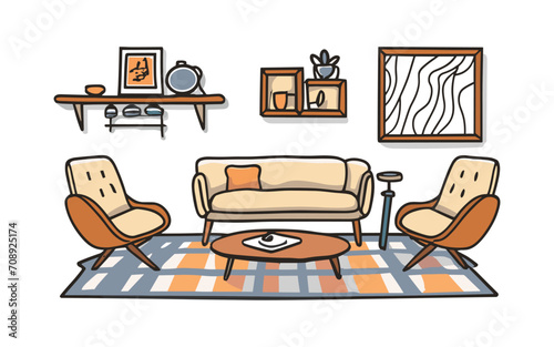 Hand drawn line art modern furniture, home interior decorations in Mid Century modern retro 70s style, illustration