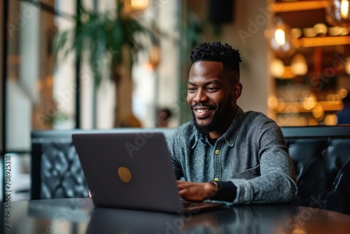 Candid portrait of an African American man working on a laptop in a stylish modern cafe hotel lobby, Generative AI