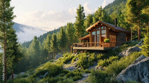  a cabin in the middle of a mountain with a deck on the side of the cabin and trees on the other side of the cabin and mountains in the distance.