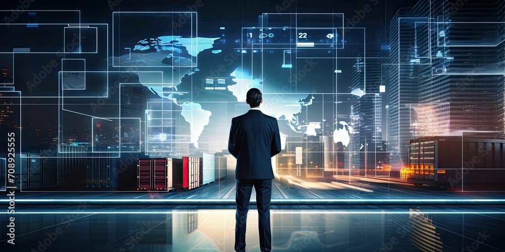 logistic transportation network concept, business man monitor by using artificial intelligence technology to manage localization and identification data of supply chain to improve economy system logistic transportation network concept, business man monitor by using artificial intelligence technology to manage localization and identification data of supply chain to improve economy system