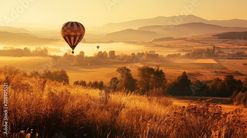  a hot air balloon flying in the sky over a lush green field with trees and mountains in the background at sunset or dawn with fog in the foreground of the foreground.