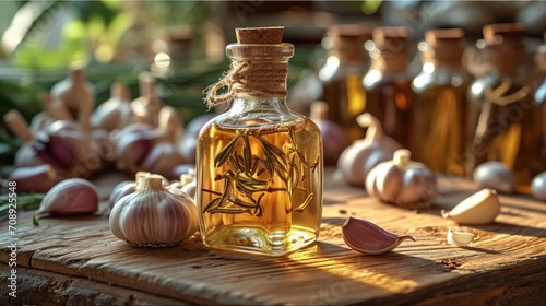 Glass bottle with garlic oil, Garlic on a wooden table on a natural background of a garlic garden. Generative AI.