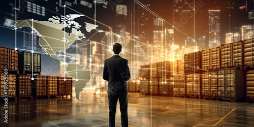 logistic transportation network concept, business man monitor by using artificial intelligence technology to manage localization and identification data of supply chain to improve economy system