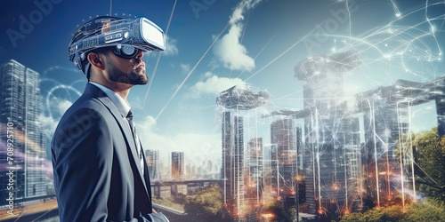 metaverse futuristci industry innovation technology concept, engineer using artificial intelligence with virtual mixed augmented reality glasses in digtial environmental with sustainability energy photo